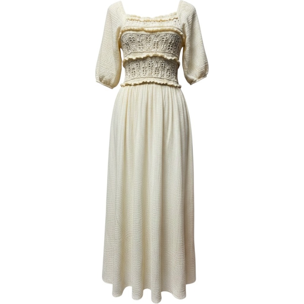 By‎ Together S Cream Midi Dress Gauzey Crochet Lace Cottagecore Peasant Milkmaid
